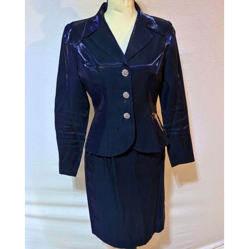 Alex Evenings Navy 2 Piece Skirt Suit Size 6P Iridescent Petite Formal Set